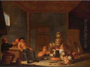 A Barn Interior With A Still Life Of Pots, A Copper Bowl, A Jug On A Barrel And Vegetables, Peasants Drinking Nearby by Jan Spanjaert