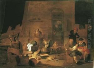 A Barn Interior With A Peasant Family by Jan Spanjaert
