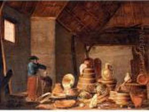 A Barn Interior With A Still Life Of Cooking Utensils Together With A Mother And Child by Jan Spanjaert