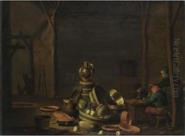 A Barn Interior With Figures Smoking At A Table, A Still Life With Kitchen Utensils And Vegetables In The Foreground - view 1