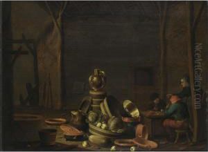 A Barn Interior With Figures Smoking At A Table, A Still Life With Kitchen Utensils And Vegetables In The Foreground by Jan Spanjaert