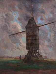 Landschap Met Boer Bij Windmolen by Leo Spanoghe