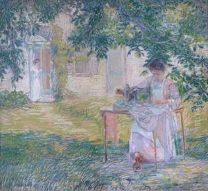 Woman Sewing Under A Tree