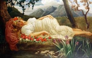 Portrait Of A Classical Beauty On A Bed Ofroses Before A Pond by Herbert Blande Sparks
