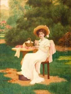 A Young Woman Arranging Roses In Agarden by Herbert Blande Sparks