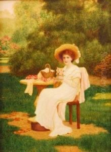 Young Woman With A Posy Of Roses Seated In A Summer Garden by Herbert Blande Sparks