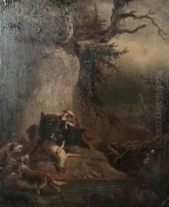 Dogs Attacking A Boar; Deer In A Forest, A Pair