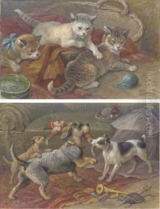 A Baby Dachshund And Husky Playing; Terriers Fighting For A Doll; Amastiff, A Dachshund, A Terrier And A Beagle By A Butcher's Door;three Kittens Playing With A Ball Of Wool; And Two Kittens Watchinga Sparrow by August Friedrich Specht