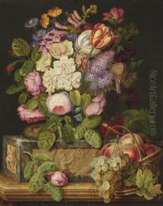 Roses, Tulips And Other Flowers On A Sculpted Plinth by Michel Joseph Speeckaert