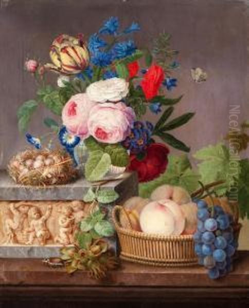 A Vase With Flowers And A Bird's Nest On A Plinth With A Relief With Putti And A Lower Marble Plateau With A May Bug, Nuts And A Basket With Fruits - view 1