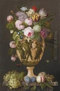 A Bouquet Of Flowers With Fruits And Insects