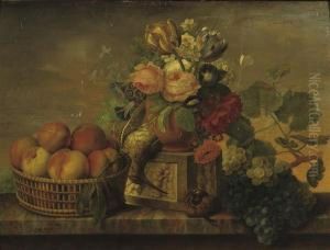 A Still Life With Peaches, Flowers And Grapes On A Ledge