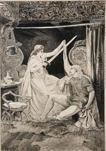 'swanhild In Her Bower Cuts Eric's Hair With The Sword White Fire' 'swanhild In Her Bower Cuts Eric's Hair With The Sword White Fire'