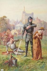 "linet, The Wild Maiden, Shame Faced Beggeth Sir Gareth That He Will Spare The Head Of Perseant" - by Lancelot Speed