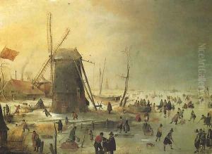 Winter Scene with Skaters by a Windmill by Hendrick Avercamp