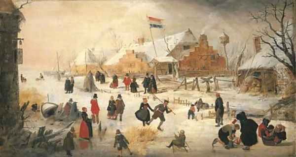 A winter landscape with elegant figures skating on a frozen river by Hendrick Avercamp