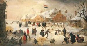 A winter landscape with elegant figures skating on a frozen river by Hendrick Avercamp