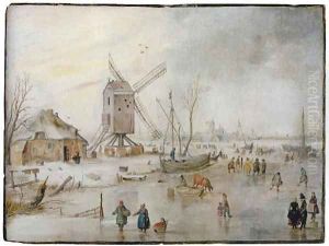 A winter landscape with figures on a frozen river near a windmill by Hendrick Avercamp