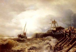 A Fishing Boat Caught In A Squall Off A Jetty by Andreas Achenbach