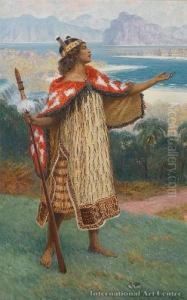 Maori Girl In The Bay Ofislands & Maori Man Playing The Putorino by Percy Fred. Seaton Spence