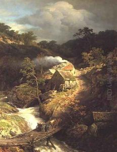 A mountainous landscape with a torrent by Andreas Achenbach