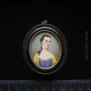 A Young Lady, Wearing Mauve Dress With White Underslip, Yellow Open-robe With Pale Blue Trim, Drop Pearl Earring, Pearl Choker And Further Strands Of Pearls In Her Dark Hair Falling Over Her Right Shoulder. by Gervase Spencer