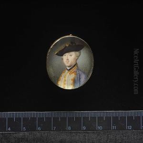 A Gentleman, Wearing Pale Blue Coat With White Facings And Gold Piping, White Waistcoat With Gold Piping, Frilled Chemise, Black Solitaire And Black Bicorn With Gold Trim, His Hair Powdered. - view 1