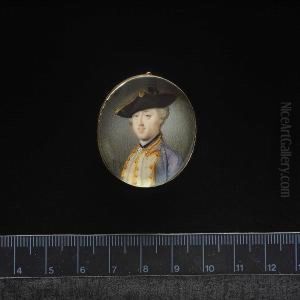 A Gentleman, Wearing Pale Blue Coat With White Facings And Gold Piping, White Waistcoat With Gold Piping, Frilled Chemise, Black Solitaire And Black Bicorn With Gold Trim, His Hair Powdered. by Gervase Spencer