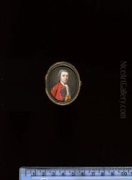 An Officer And A Lady; He Wearing Scarlet Coatee With Blue Facings, Gold Aiguillette, White Waistcoat With Gold Trim, Frilled Chemise And Stock, His Hair Powdered And Worn En Queue; She Wearing White Dress Adorned With Blue Bow - view 1