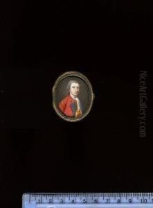 An Officer And A Lady; He Wearing Scarlet Coatee With Blue Facings, Gold Aiguillette, White Waistcoat With Gold Trim, Frilled Chemise And Stock, His Hair Powdered And Worn En Queue; She Wearing White Dress Adorned With Blue Bow by Gervase Spencer