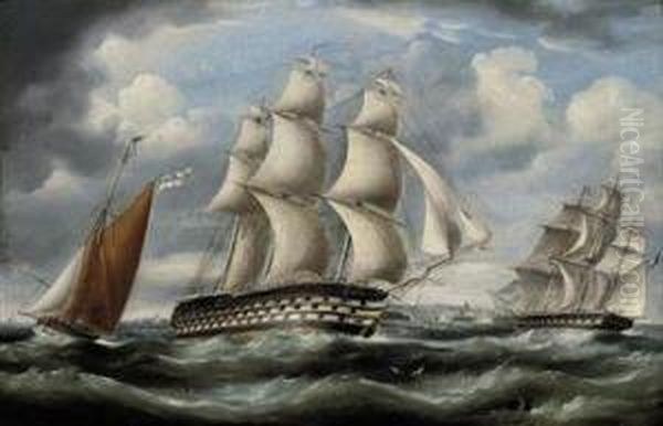 A Royal Navy Three-decker And Frigate Passing In The Channel - view 1