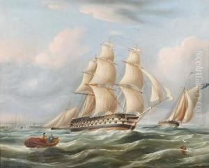 Frigate In Full Sail And Other Vessels On A Choppy Sea by Richard Barnett Spencer