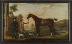 A Huntsman With His Bay Hunter, Held By A Groom, With Two Hounds Outside A Country House by James Seymour And Thomas Spencer