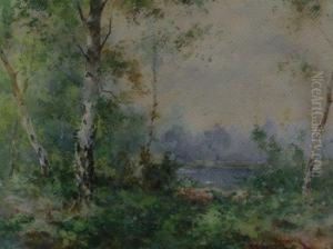 A Copse Of Silver Birches By A Pond by Frank Spenlove Spenlove