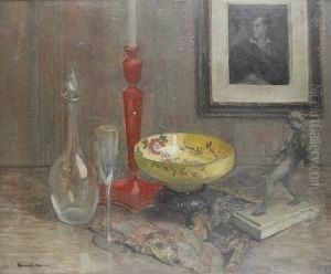 Still Life With Bowl And Red Candlestick by Frank Spenlove Spenlove