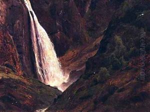 Mountainous landscape with a waterfall by Andreas Achenbach