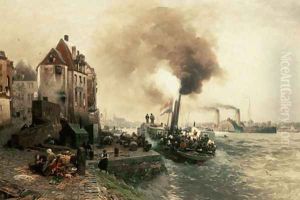The coal gate at the bank of the Rhine of Düsseldo by Andreas Achenbach