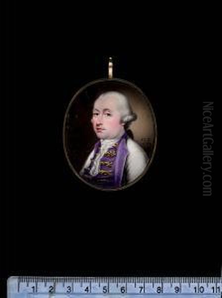 A Pair Of Portraits Of A Lady And Gentleman; He, Wearing White Coat With Purple Lapels, Purple Waistcoat With Gold Frogging, Lace Cravat And Powdered Wig Worn - view 1