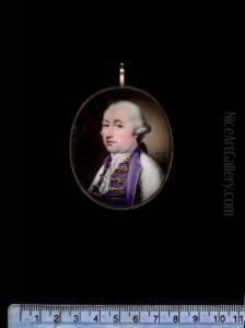 A Pair Of Portraits Of A Lady And Gentleman; He, Wearing White Coat With Purple Lapels, Purple Waistcoat With Gold Frogging, Lace Cravat And Powdered Wig Worn by Henry Spicer