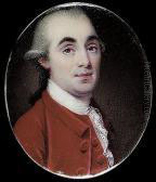 A Gentleman, Wearing Red Coat, Matching Waistcoat, White Stock And Frilled Lace Cravat, His Hair Powdered And Worn - view 1