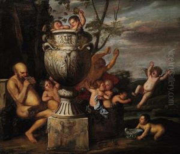 A Bacchanalian Scene With Pan An Putti Pressing Grapes - Anallegory Of Autumn - view 1
