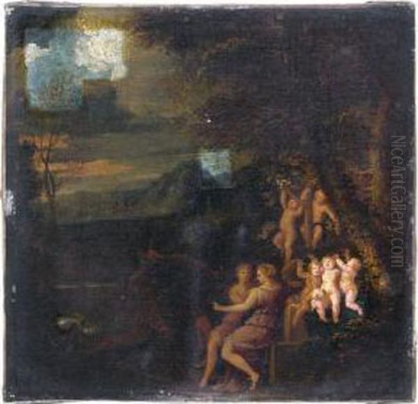 Allegorische Szene Mit Liebespaar Und Putten In Einer Landschaft - view 1