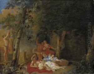 A Wooded Landscape With Amorous Couples Making Music Before A Herm Of Bacchus