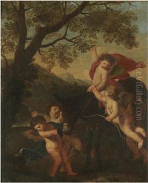 Putti Riding A Donkey In A Landscape - view 1