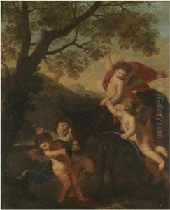 Putti Riding A Donkey In A Landscape by Carel Philip Spierincks