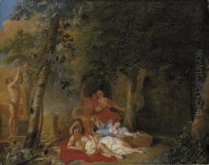 A Wooded Landscape With Amorous Couples Making Music Before A Hermof Bacchus