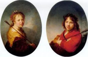 Portraits Of A Boy And A Girl, Both Half Length, Wearing Arcadian Costume by Johann Spillenberger