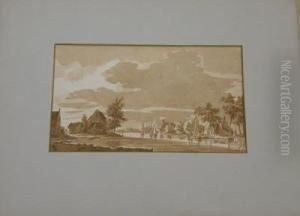 Flusslandschaft Mit Hausern Und Segelbooten