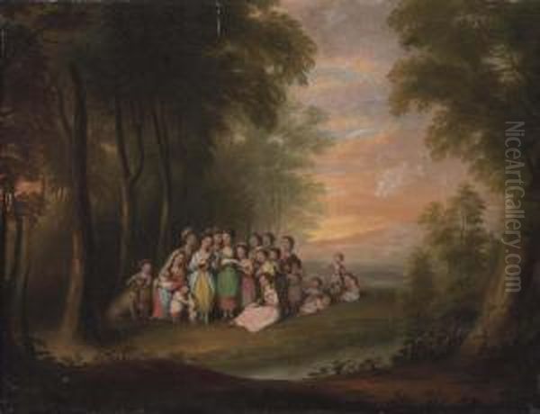A Wooded, River Landscape With Children Singing In A Clearing, At Sunset - view 1