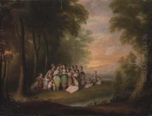 A Wooded, River Landscape With Children Singing In A Clearing, At Sunset by Maria Spilsbury